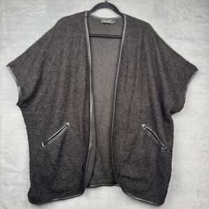Sympli Black Boucle Knit Open Front Vest‎ Top Size 10 Leather Trim Pockets